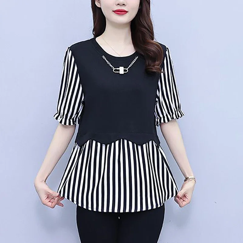 Fashion O-Neck Spliced Striped Fake Two Pieces Blouses Women's Clothing Summer New Loose Commuter Butterfly Sleeve Shirts L126