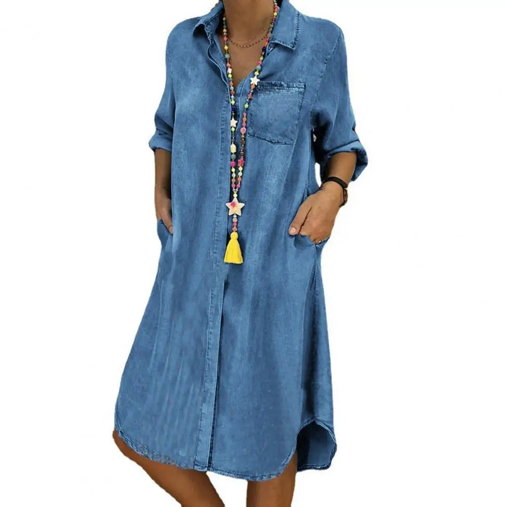 

Vintage Loose Denim Dress Women Long Sleeve Pockets Summer Shirt Dress Buttons Knee Length Dress