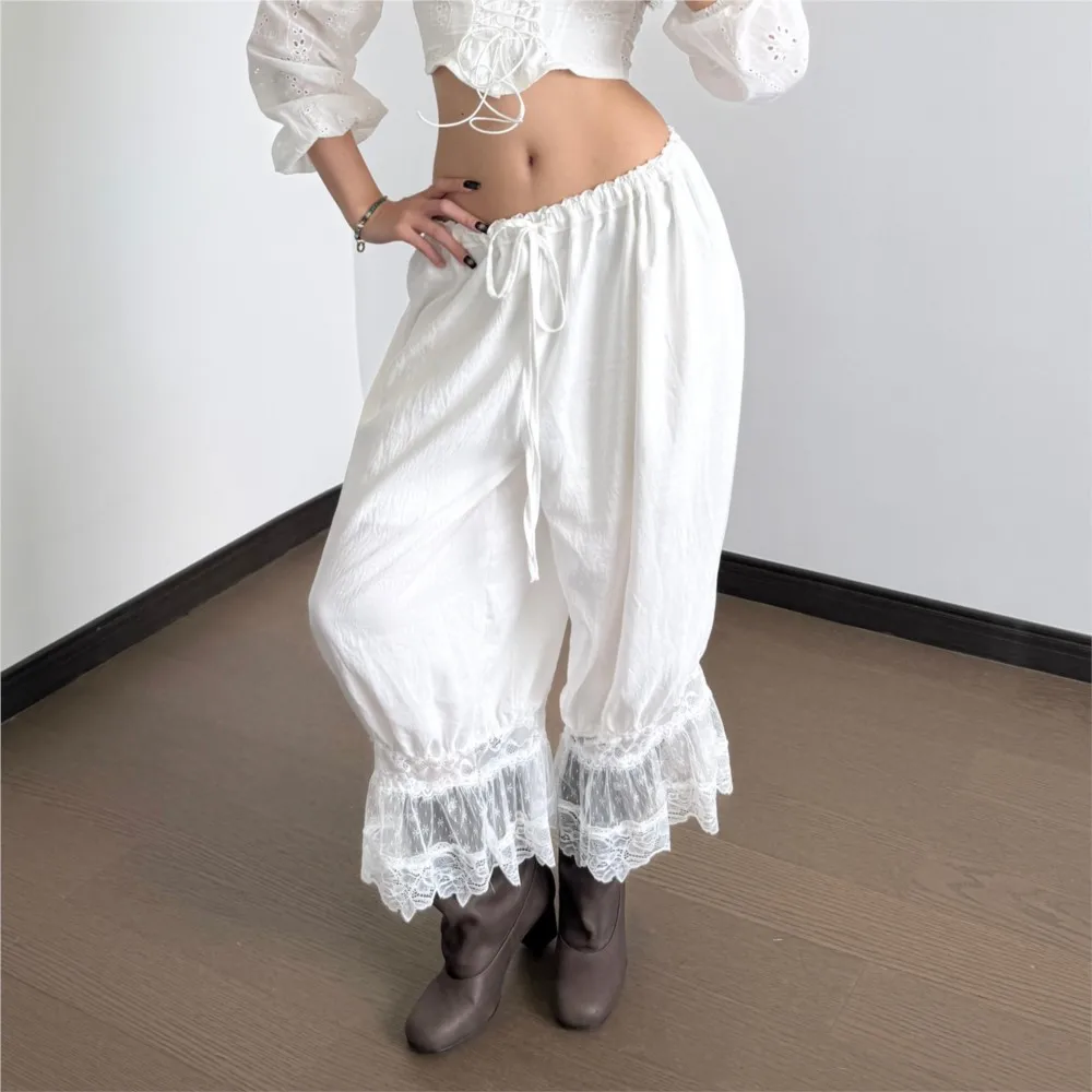 Comfortable Home Bloomers Loose Retro Personalized High-elastic Solid Color Lace-up Low-waisted Mid-length Bell-bottom Pants
