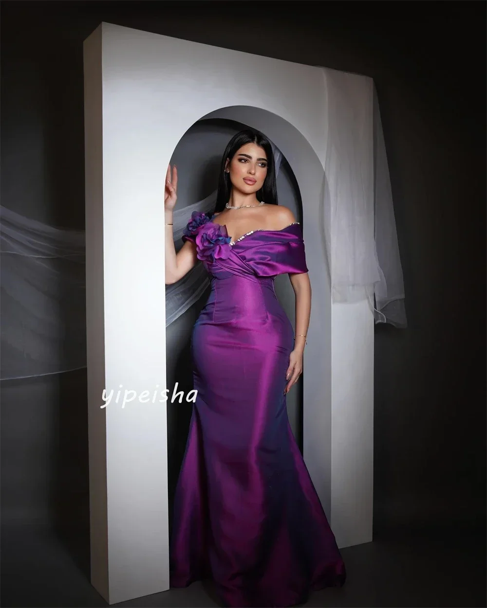 Customized Satin Sequined Flower Ruched Women Sexy Mermaid Prom Dresses Formal Evening One Shoulder Purple Side Slit Party Gowns