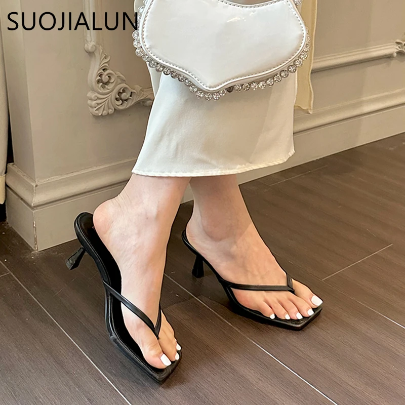 SUOJIALUN 2023 Summer Thin High Heel Women Slipper Fashion Narrow Band Slip On Ladies Flip Flop Outdoor Dress Sandal Slides Shoe