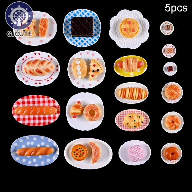 5Pcs 1/12 Dollhouse Food Plates Mini Simulation Kitchen Dining Plate Dolls House Decoration Accessories Kids Pretend Play Toys