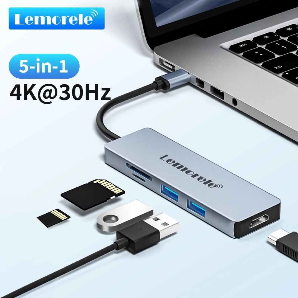 Lemorele TC15 5 Ports USB 3.0 Hub Splitter für Laptop Drucker Erweitertes Kabel 5 Gbit/s HDMI 4K@30Hz Dockingstation für Projektor TV