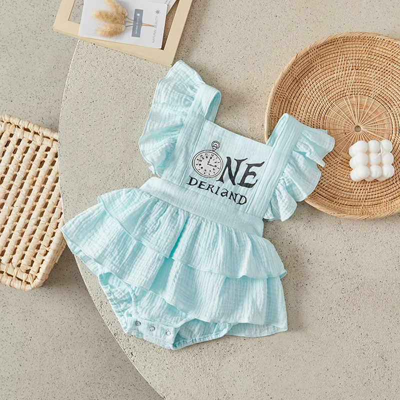 

Suefunskry Baby Girl Romper Dress Summer Letter Print Layered Ruffle Square Collar Jumpsuit for Newborn Toddler Cute Clothes