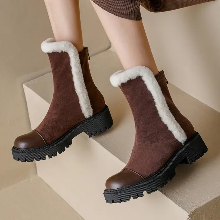 Coffee Suede Women Short Snow Boots Platform Rubber Sole Warm Ankle Botas White Fur Decor Black Cowboy Botines Femininos Zapatos