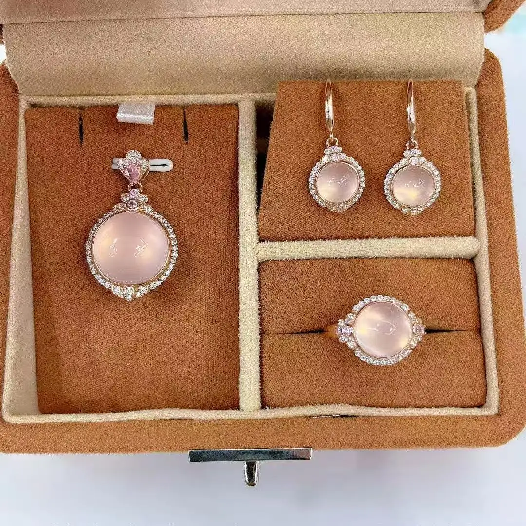 

Комплект ювелирных изделий из флуоресцентного розового кварца с серебряной цепочкой, кабошон из серебра S925 с покрытием из белого золота