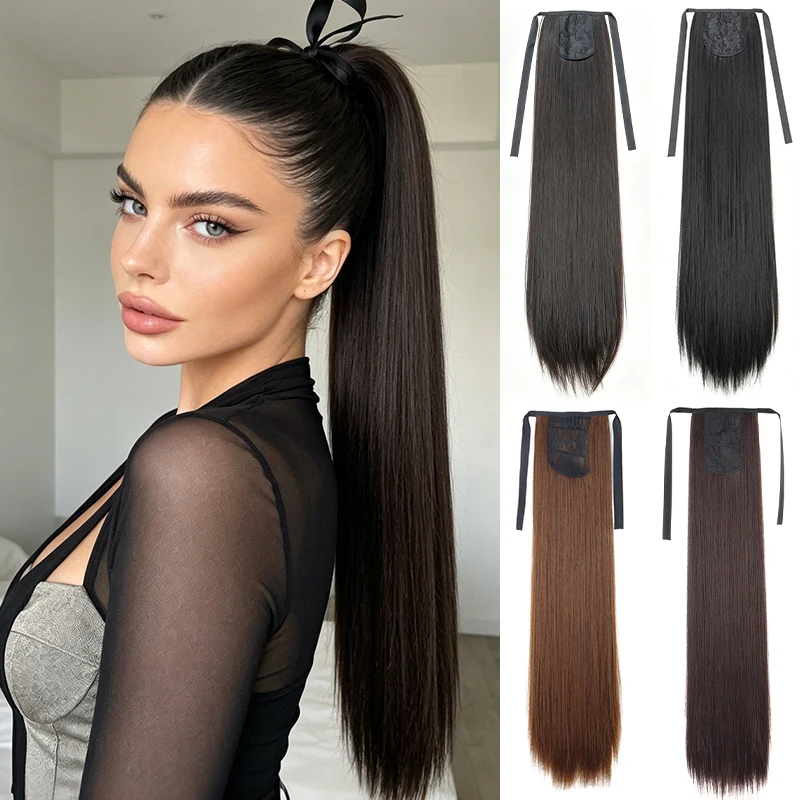 Long Straight Ponytail Hair Extension with Tie Straps for Women, Easy Clip In Heat Resistant Synthetic Ponytail Wig