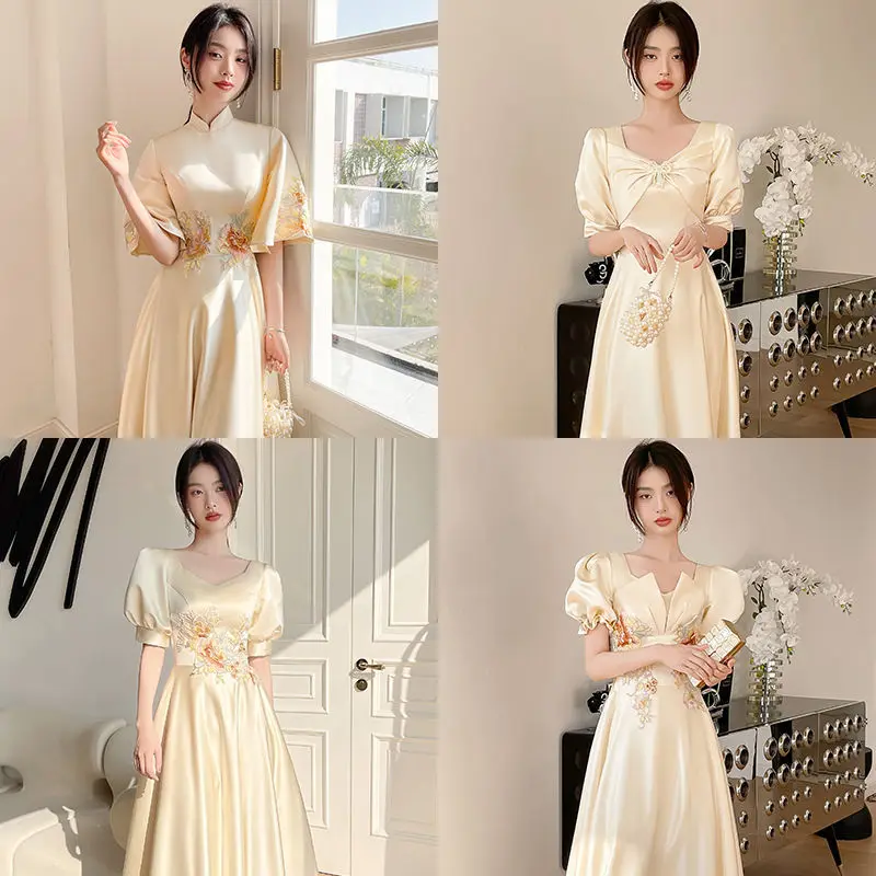 Embroidery Style Satin Bridesmaid Dresses Champagne Temperament Wedding Party Sisters Group Dress Summer Autumn Evening Dress