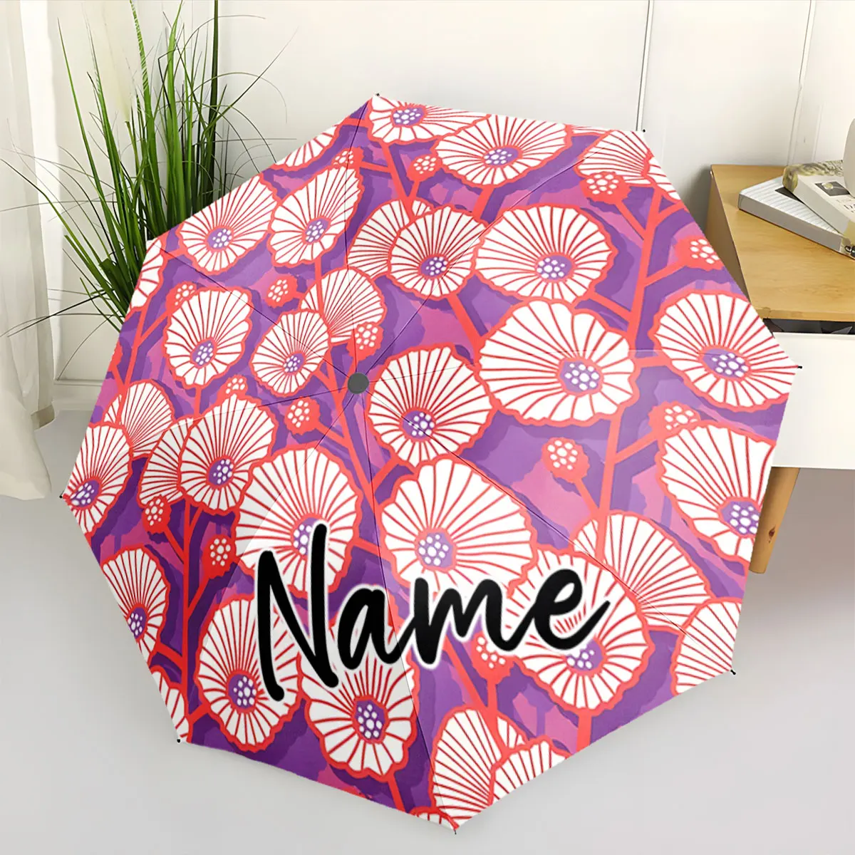 Custom Name Floral Pattern Umbrella with Customizable Design Print 8 Iron Ribs Folding Umbrella, Auto-Open Fashion Sunshade