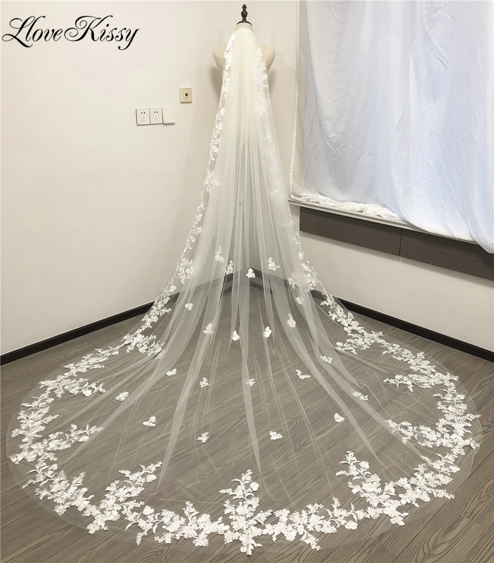 Lace Wedding Veils Full Edge Floral Appliques Cathedral Bridal Veil With Comb 300cm velo de novia White/Ivory Accessories