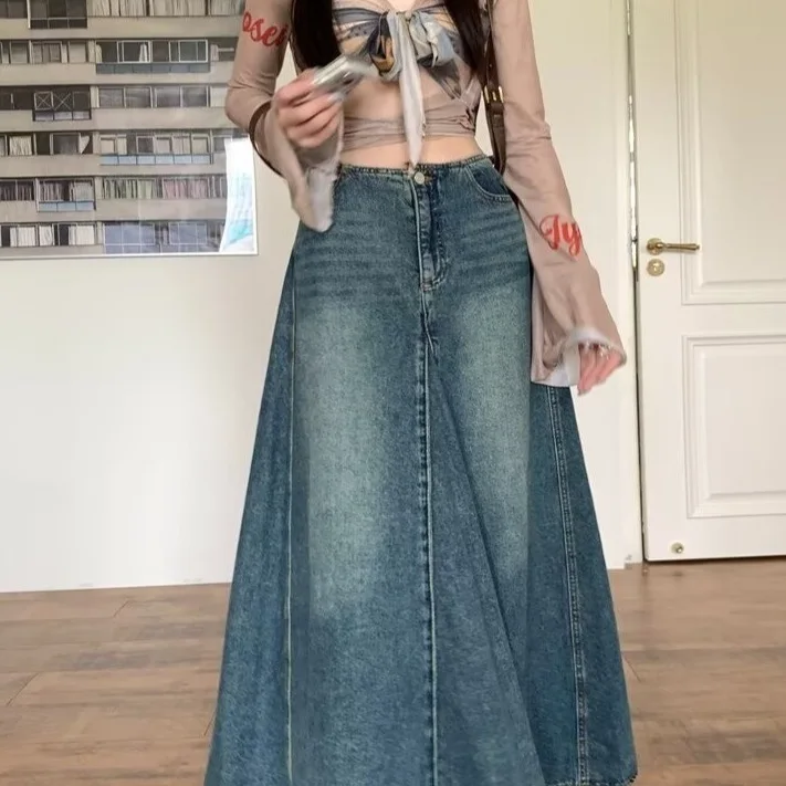 Retro Sweet Cool Vintage Faded Denim High Waist A-Line Long Skirt Women's Wrap Skirt Spring Summer New Style Half-length Skirts