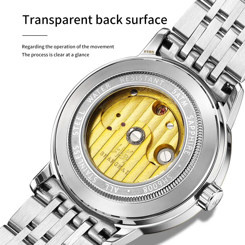 شنغهاي دولاب الموازنة سلسلة ساعة ميكانيكية للرجال الأعمال فستان ساعة الياقوت الزجاج مضيئة الأيدي التقويم عرض SH6008