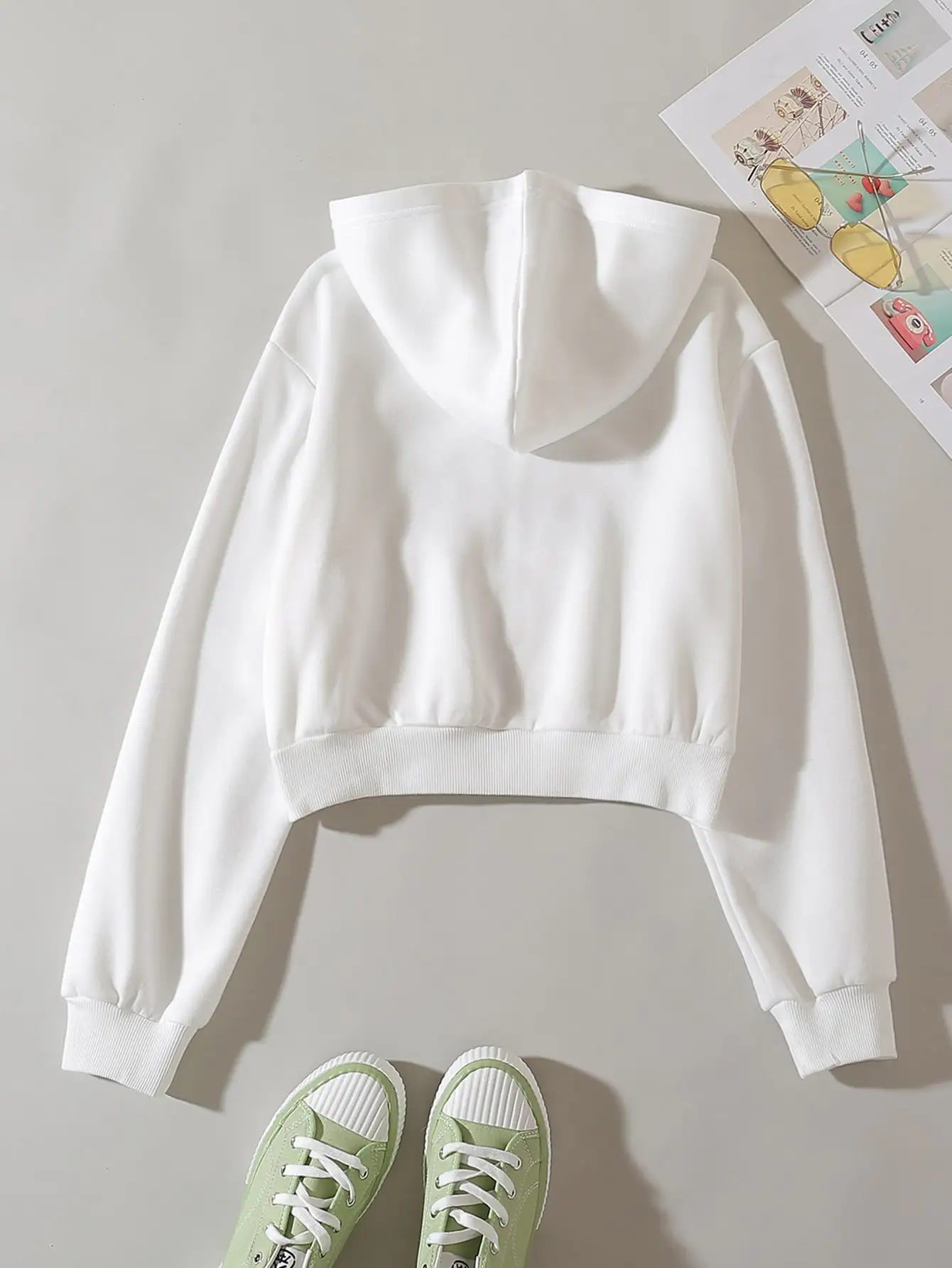 Sudadera Corta Blanca con Cierre, Hombros Caídos, Manga Larga, Bolsillo, para Otoño, Regreso a Clases y Uso Casual