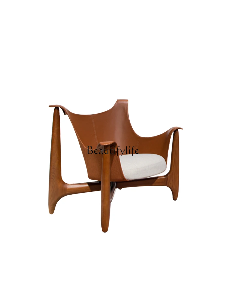 

Special-Shaped Chinese Ancient Style Household Wooden Lounge Chair Saddle Leather Armchair