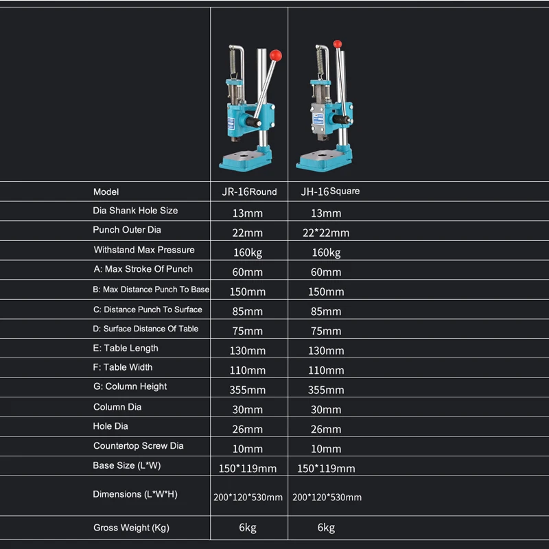 JR-16/JH-16 Hand Press Machine Desktop Round /Square Head Punch Punching Industrial Hand Press Manual Press Stroke 60mm