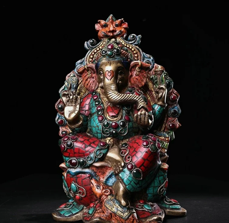 Old Tibet Copper Gilt Turquoise Ganesh Lord Ganesha Elephant God Buddha Statue