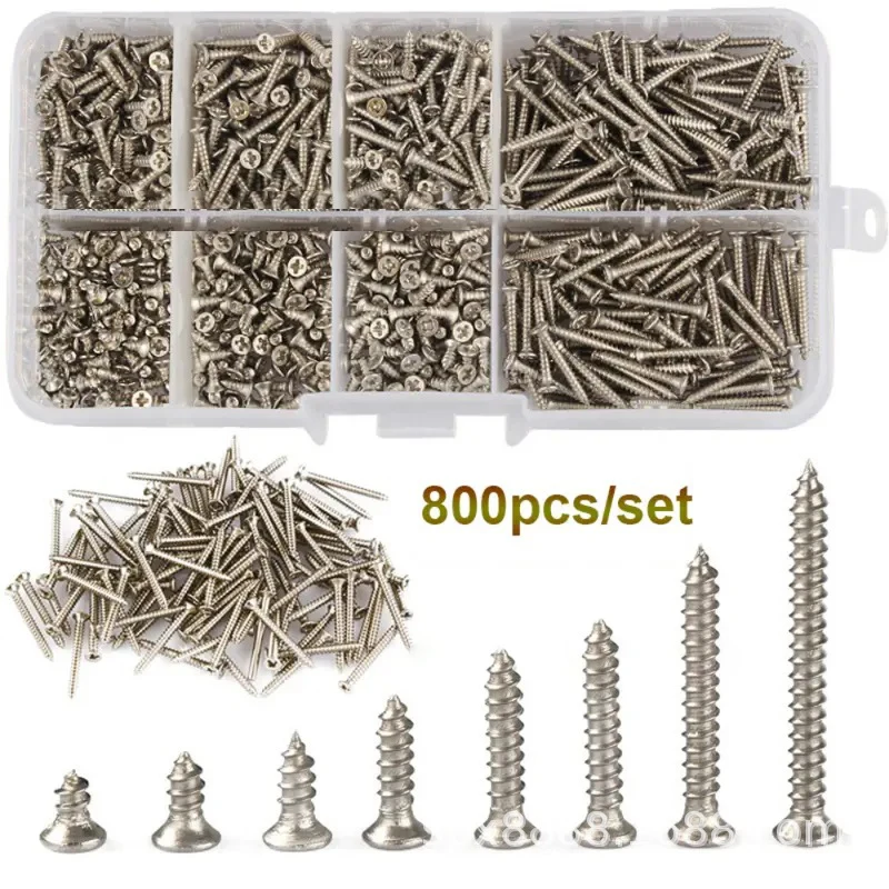 800Pcs M2 Self Drilling Cross Head Screw Combination With 8 Sizes M2*4/5/6/8/10/12/16/20mm DIY Countersunk Head Smal Screw