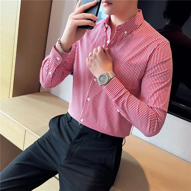 

Plaid Shirt For Men Korean Luxury Clothing Long Sleeve Men's Social Shirt Dress Front Pocket Design Slim Fit Casual Prom Tuxedo
