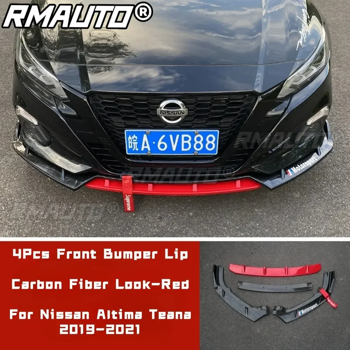 For Nissan Altima Teana 2019-2021 Body Kit Front Bumper Spoiler Glossy Black Red-Red Line Sport Style Bumper Lip Car Accessories