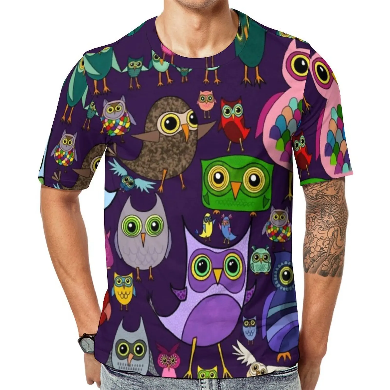Mens Colourful Owls T-Shirt Cute Owl Meme Hip Hop T Shirts Short Sleeve Design Tshirt Hot Summer Awesome Oversized Top Tees