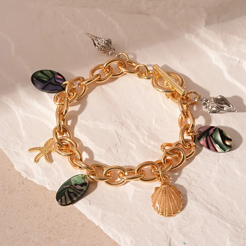 المحيط نجم البحر قذيفة محارة أساور ساحرة للنساء الذهب اللون سلسلة معدنية المينا أساور أساور البوهيمي معصمه مجوهرات