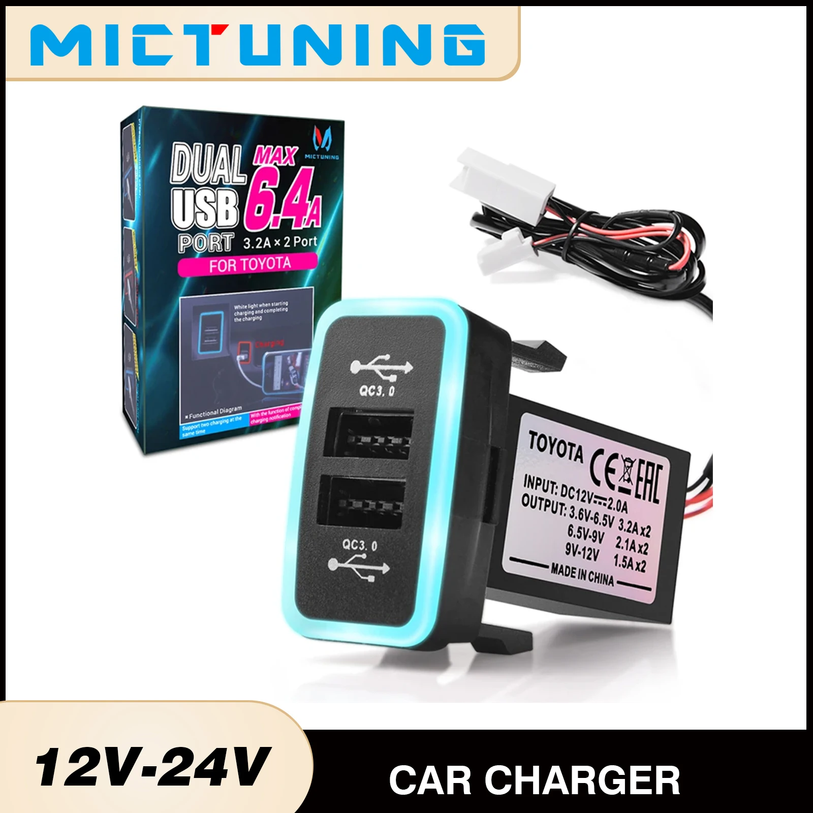 MICTUNING Universal Qualcomm 3.0 Carregador rápido Porta USB dupla com luz LED azul e vermelha DC12-24V Carregador rápido para carro para Toyota