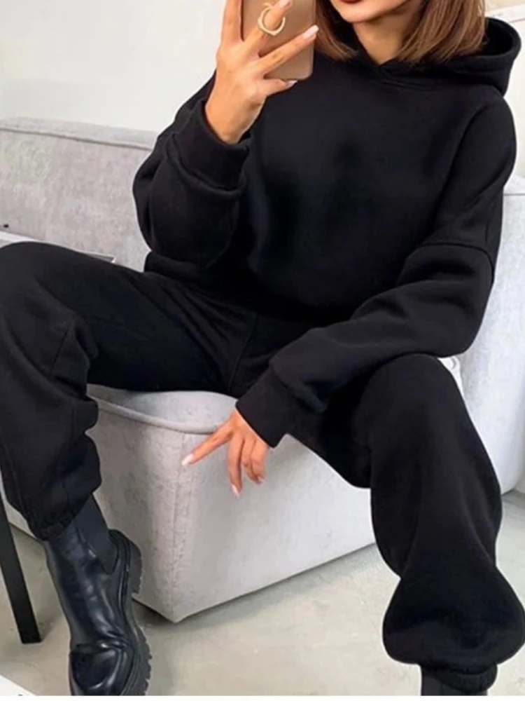 Spring Tracksuit Women Two Piece Set - Oversized Hoodie Sweatpants Solid Color Sportswear Suit |Casual Sweatshirt Trouser Set view 3