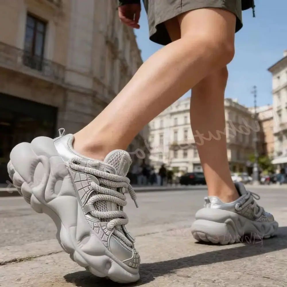 

Silver Chunky Platform Sneaker Thick Sole Lace Up Casual Shoes Big Laces Retro Y2K Style Comfortable Walking Fashion Novelty New