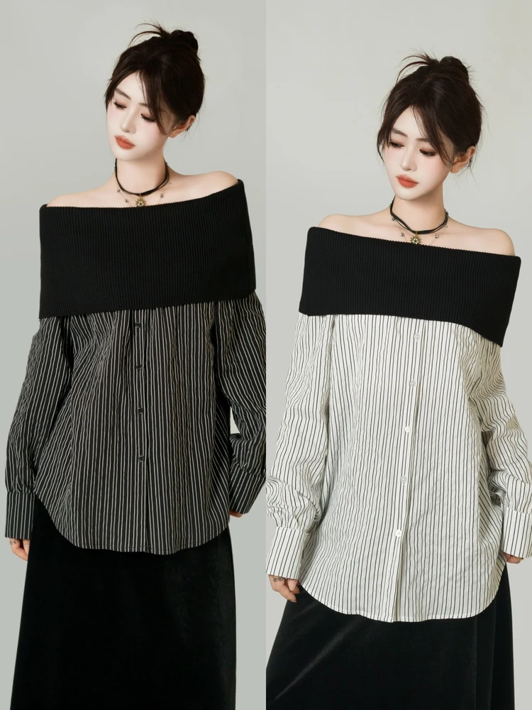 

French Style Loose Fit Striped Shoulder Bared Long Sleeve Women's Shirt Breathable Moisture Wicking Antibacterial Wear Resistant