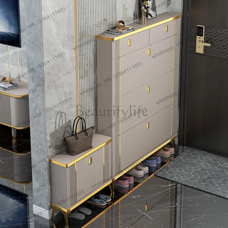 LJY Italian Style Flip Down Shoe Cabinet Ultra Thin with Built in Bench Space Saving Entryway Storage Modern Shoe Rack for Home