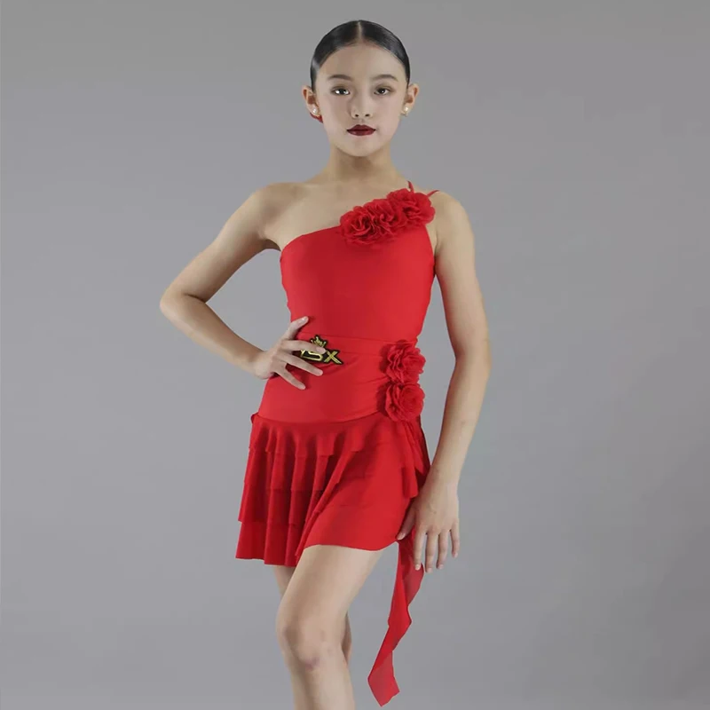 

New Latin Dance Dance Costume Kid Girls Ballroom Dance Red Floating Gauze Cake Skirt Set Practice Clothes Hall Stage Wear VBH693