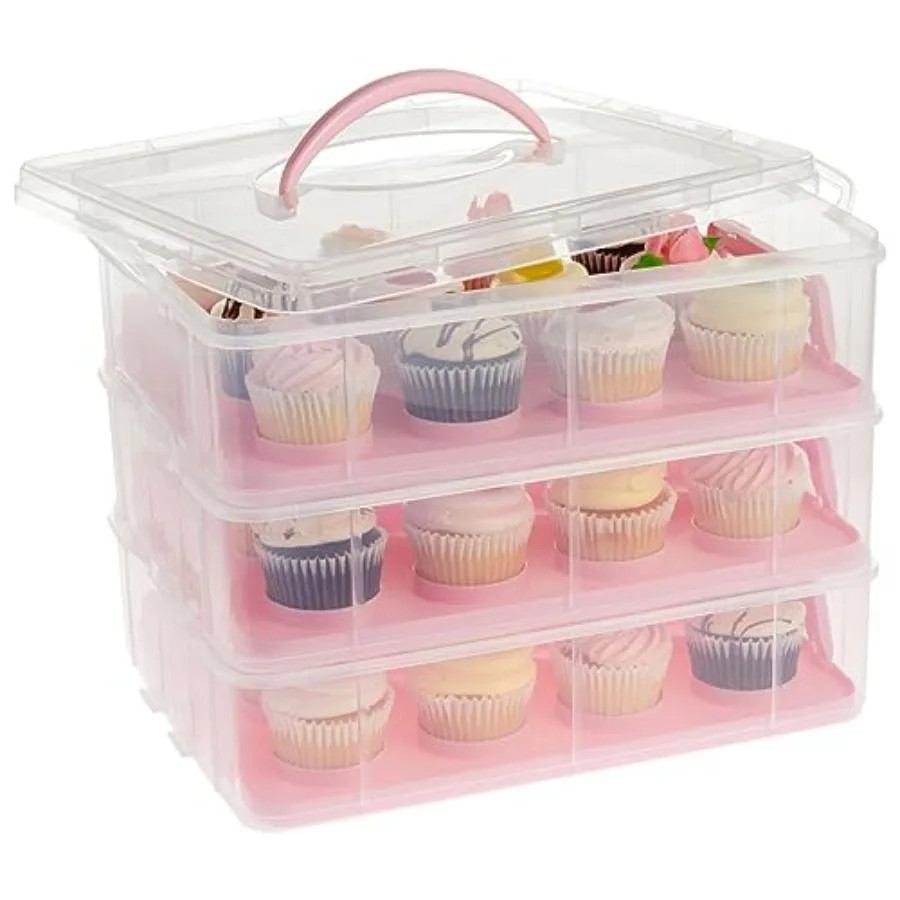 

3-Tier Cupcake Carrier - Airtight Plastic Container for Baking - Stackable Cupcake Containers and Removable Trays - Portable Ca