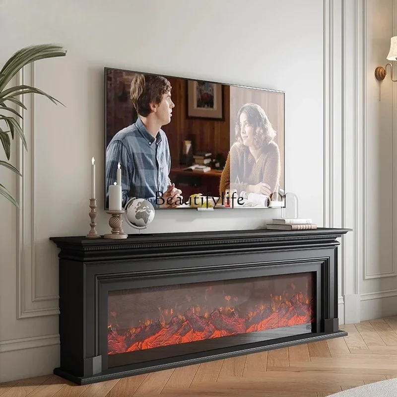 

01French retro black simulation fireplace TV cabinet medium antique wall side cabinet