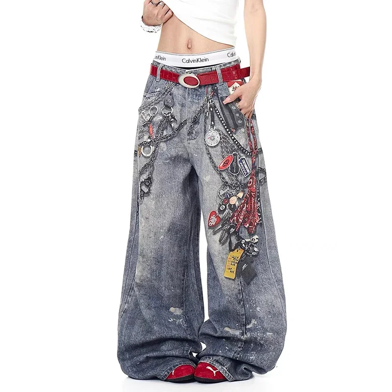 Calças Jeans Baggy Azuis Y2K Femininas, Calças Jeans de Denim Estilo Harajuku Vintage com Corte de Faca, Calças Jeans Estéticas Estilo Anos 2000, Roup