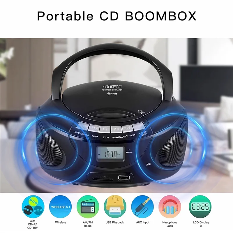 مشغل كاسيت أقراص مضغوطة متعدد الوظائف يعمل بالبلوتوث AM/FM مشغل أقراص مضغوطة محمول لتعلم الطلاب مشغل موسيقى ستيريو MP3 #5