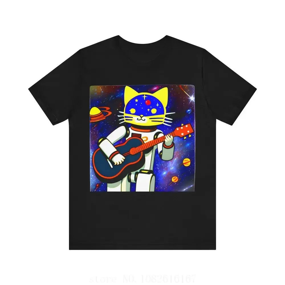 Guitar Playing Robot Cat in Space Cute Cat Graphic Tee T-shirt wholesale cheap graphic t shirts 2024 streetwear t-shirts