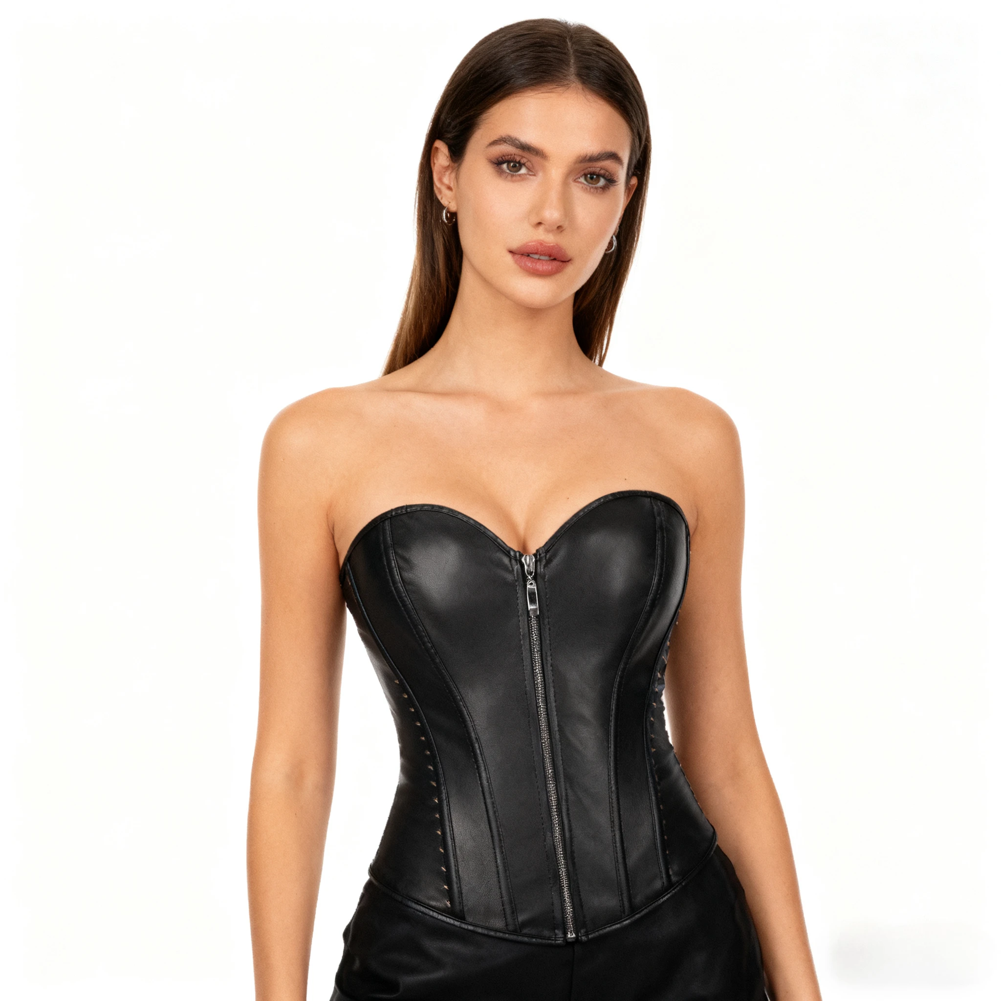 

Women Top Sexy Pu Tops Sleeveless Strapless Solid Camis Slim Fit Lace Up Party Night Evening Zipper Tees Tanks Sheath 2025