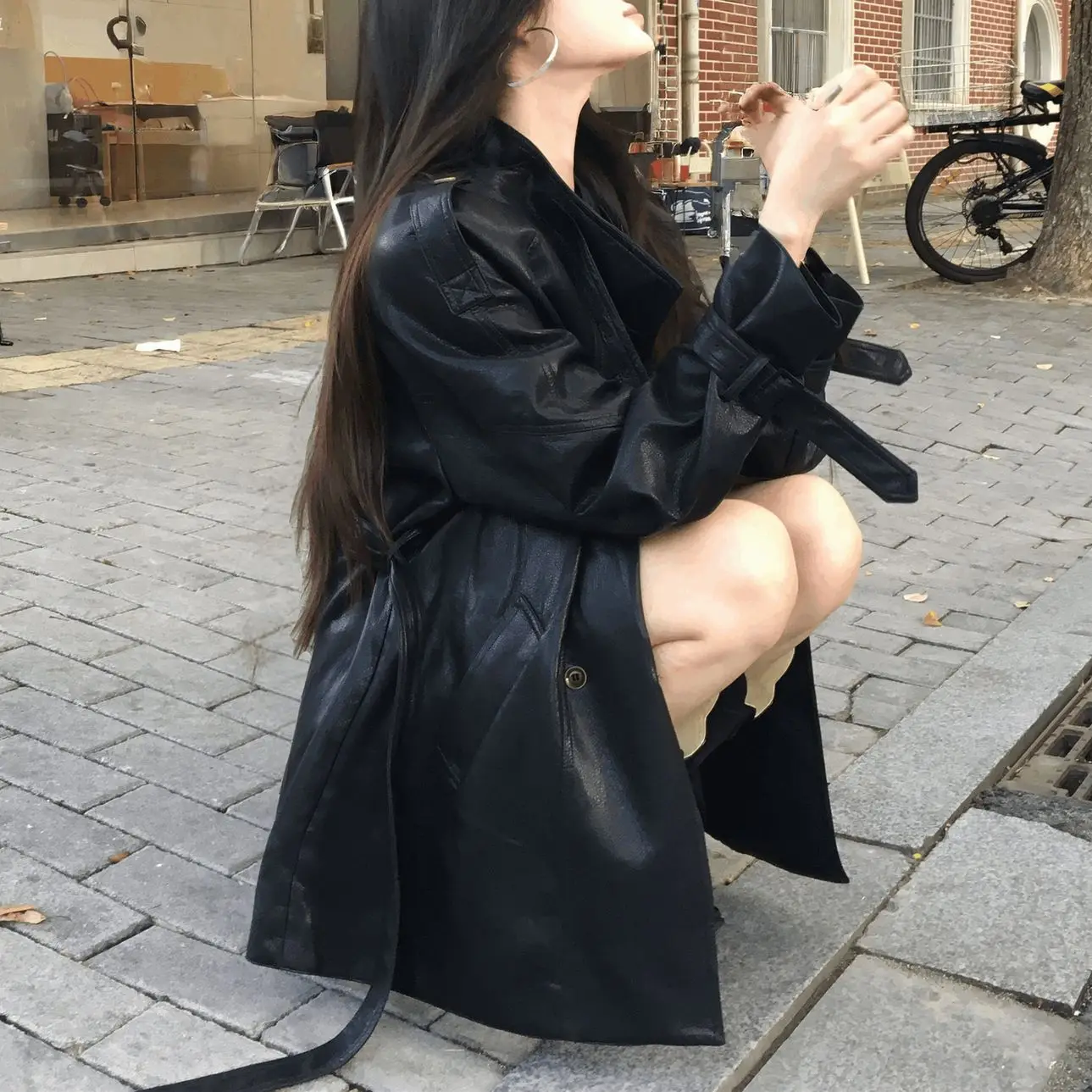 Stand Collar Belted Jacket Ladies Faux Leather Zip Up Long Sleeve Pocket Black Mid Length Slim Fit Elegant Vintage Casual Jacket