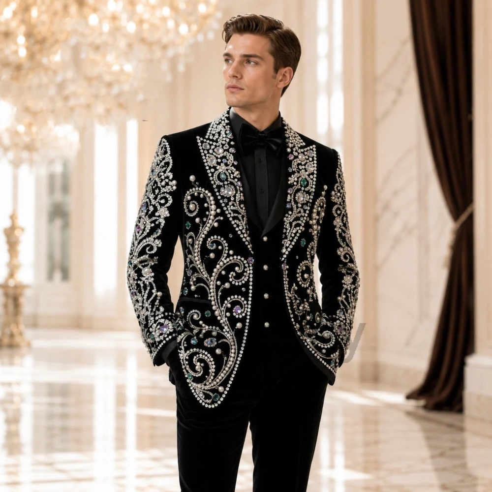 Olibexley Luxury Black 2 Pieces Sets Men's Suits Crystal Beaded Diamond Groom Wedding Blazers Male Ropa Hombre Customized S250