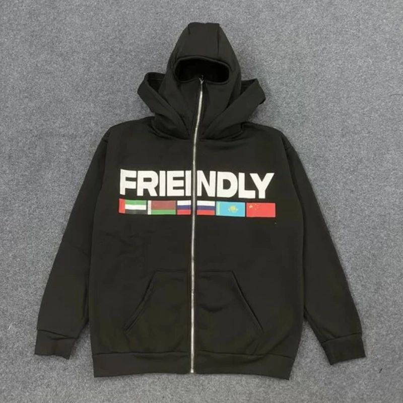 겨울 유럽 및 미국 레터 플래그 프린트 캐주얼 후드티 Y2K 스트리트웨어 패셔너블 남녀 공용 더블 햇 마스크 후드티