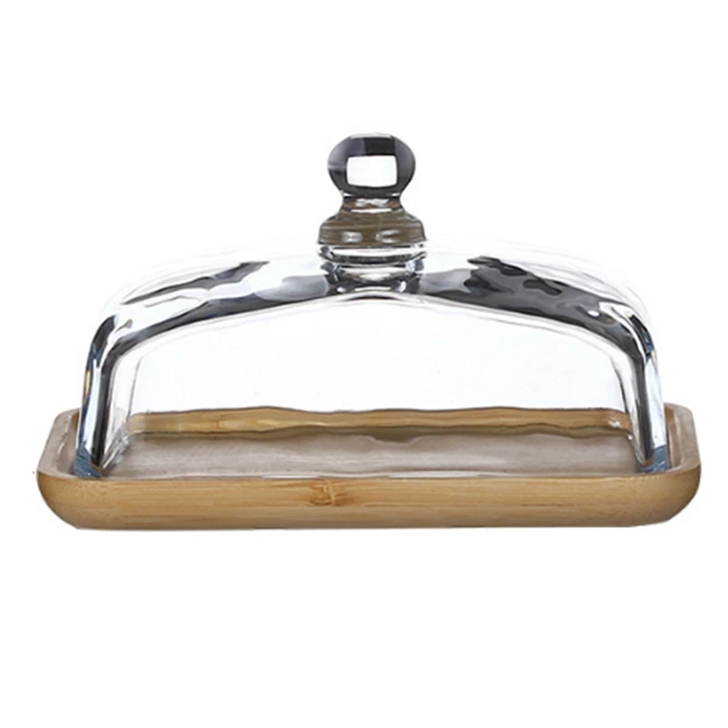 Bamboo Butter Dish With Glass Lid - Clear Butter Tray For Refrigerator&Counter For Butter,Block Of Cream Cheese&Serving