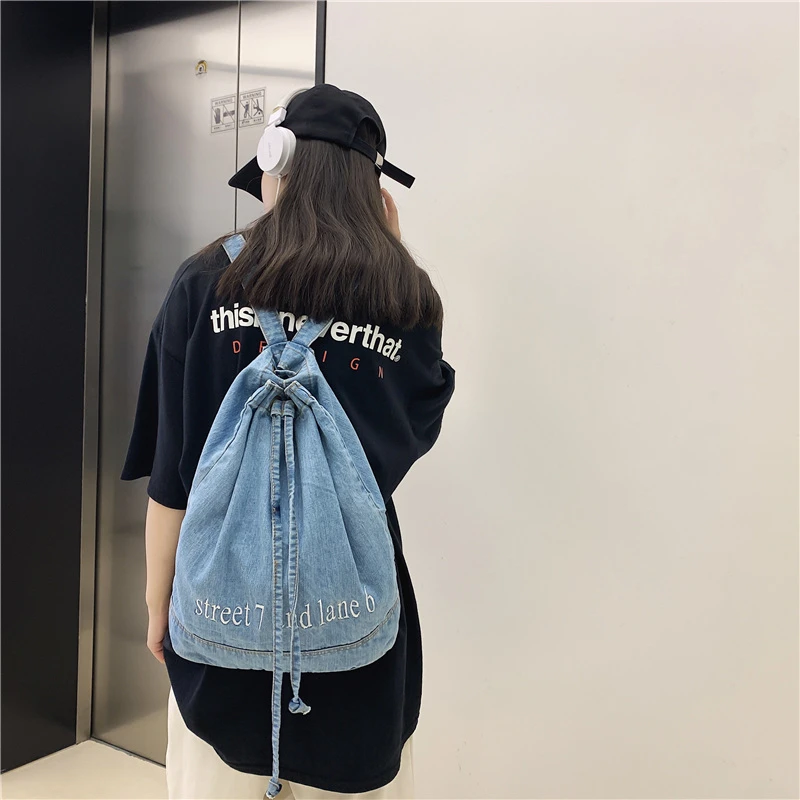 Denim Women's Backpack 2022 Trend String Back Bag Fashion College School Bags Casual Packbags for Teenage Travel Jeans Rucksack