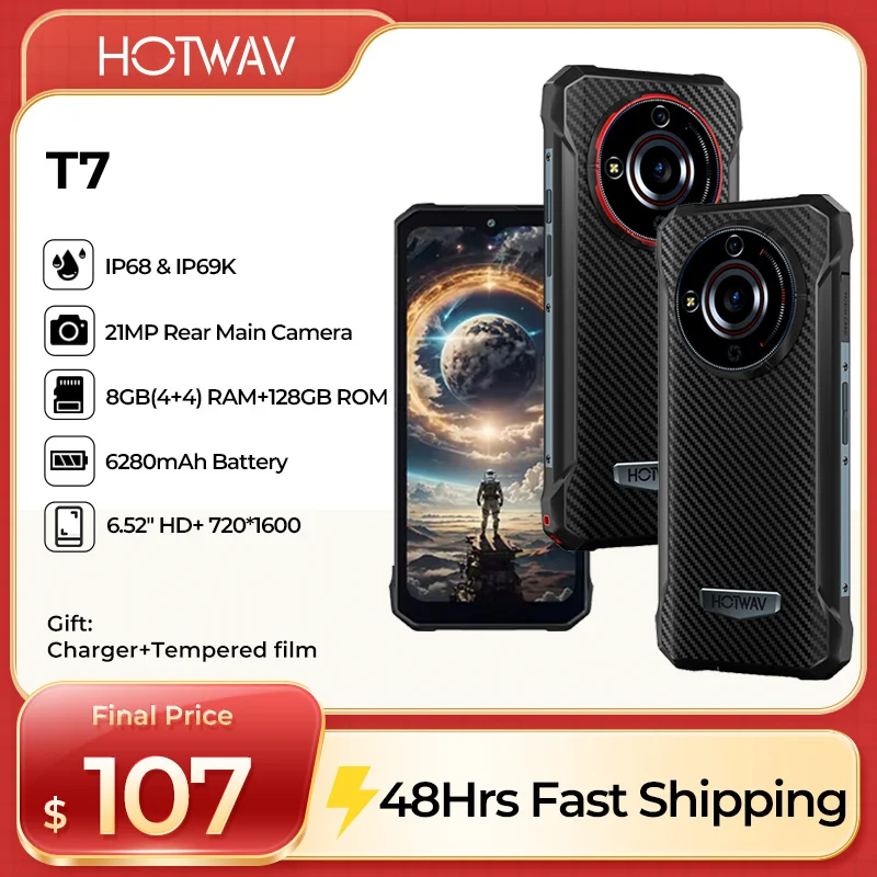 Global HOTWAV T7 Rugged Smartphone Android 13+ 6280mAh Large Battery Smartphone 8(4+4)+128GB 21+8MP Camera Cell phone