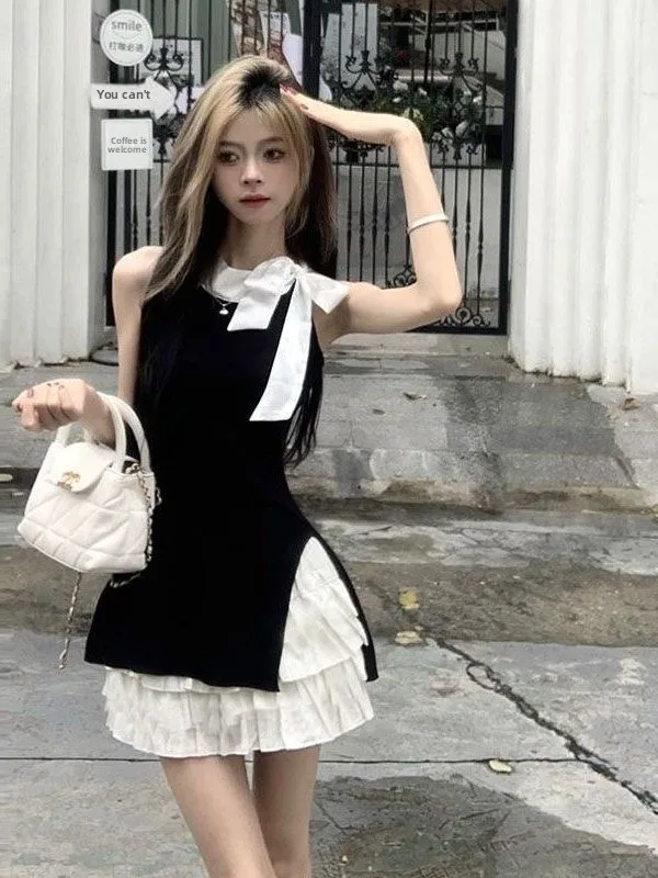 

Fast Hand Knitted Knot Top with Skirt Two Piece Set for Women Summer Fashion Outfit No Sleeve Open Side Design