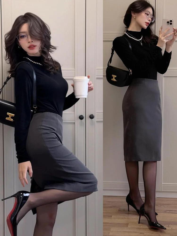 

Элегантная черная юбка миди для делового костюма, женская, для офиса, с высокой талией, облегающая, во французском стиле, городская мода