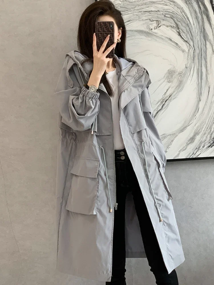 Korean Fashion Trench Coat for Women Spring Autumn Solid Hooded Windbreaker Long Coat Jackets Women Clothing Long Sleeved Tops