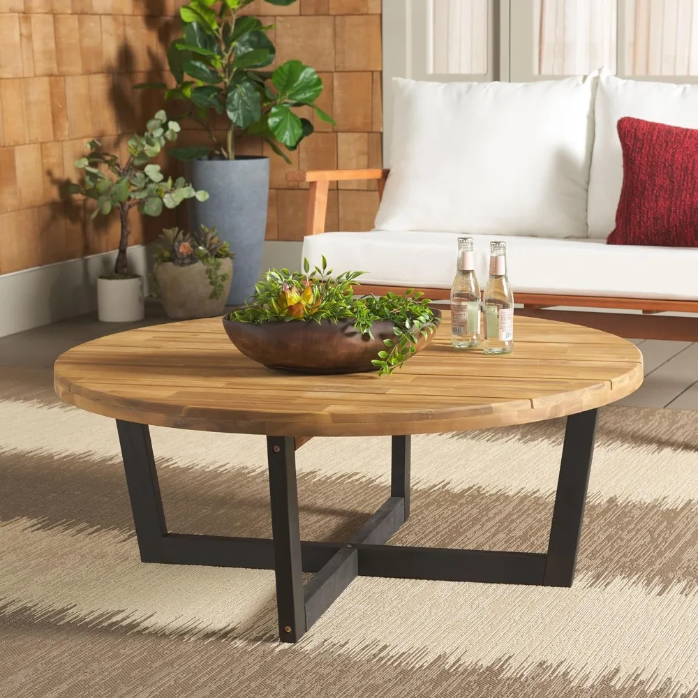 

SAFAVIEH Outdoor Collection Leo Natural/Black 4-Leg Round Coffee Table, Ideal for Deck, Patio, Backyard, Sunroom