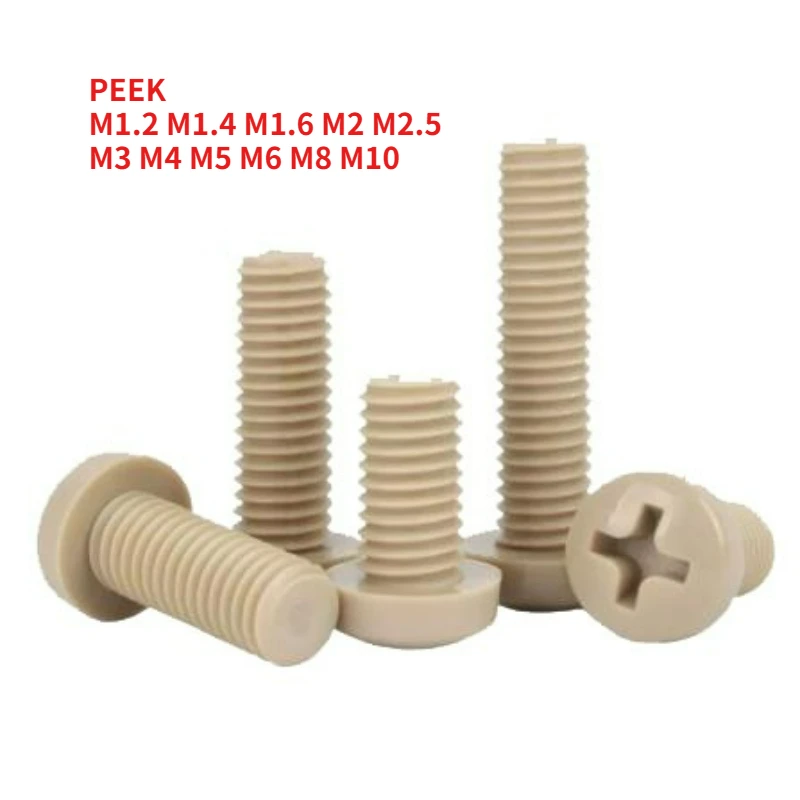 PEEK Plastic Cross Pan Head Screws - High Temperature Resistant Insulation Bolts M1.2/M1.4/M1.6/M2/M2.5/M3/M4/M5/M6/M8/M10