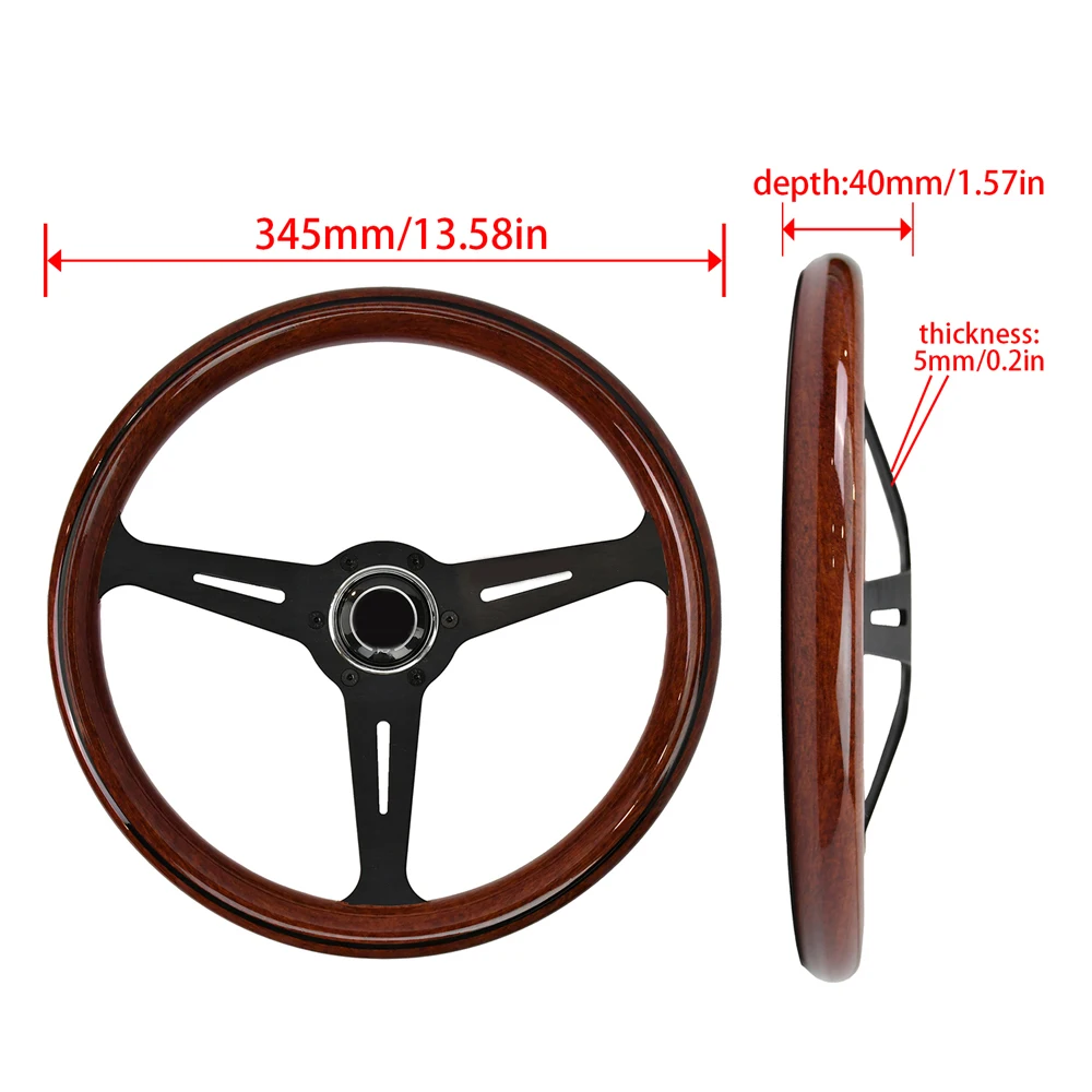 345mm ABS Wood Style Vintage Classic Steering Wheel Long Bar Falt Bracket Sport Steering Wheel with Black Lines