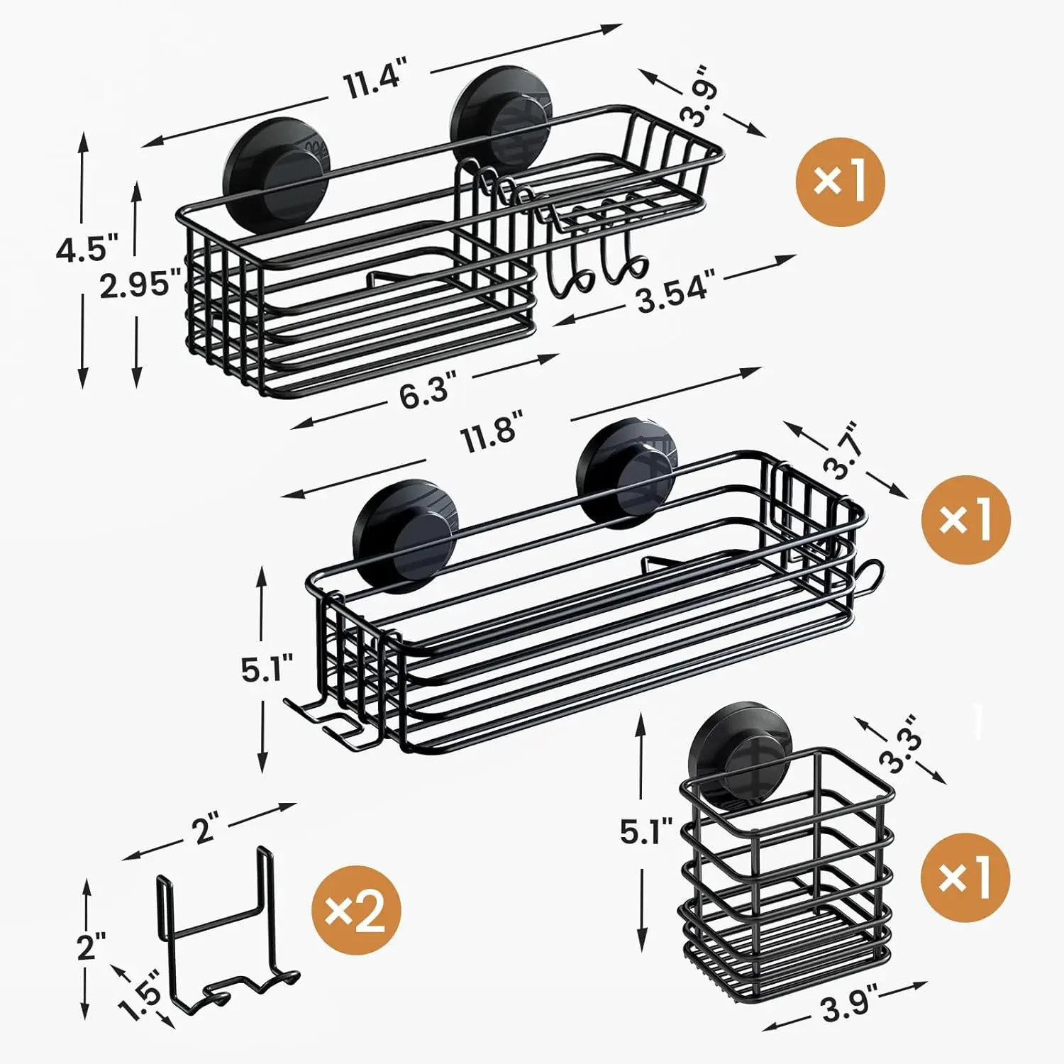 Heavy-Duty Rustproof Black Shower Caddy 3-Pack Suction Cups Stainless Steel Hooks Soap Modern Removable Bathroom Organizer